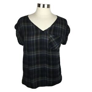 Holding Horses Top XS Womens Black Plaid V Neck Short Sleeves Lyocell Casual